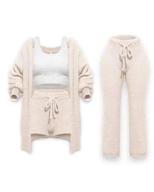 Four Pcs Sets Casual Cropped Tank Tops&High Elastic Drawstring Shorts&Long Sleeve Fleece Knitted Cardigan Coats&Full Trousers
