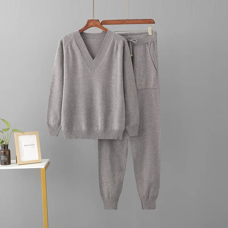 Korean Solid Knitted 2 Piece Sets Women V-neck Knitwears Sweater Pullover Tops Conjuntos Casual High Waist Harem Pants Outfit
