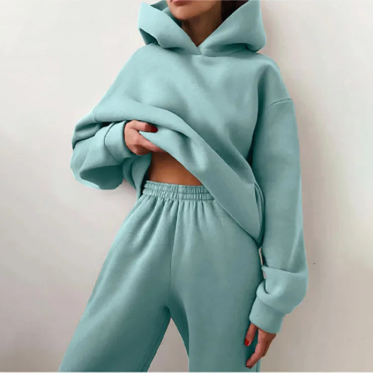 Fall Winter Large Size Casual Fleece Long Sleeve Hoodie Pants Two Piece Set Street Style Comfortable Polyester Blend Women's...