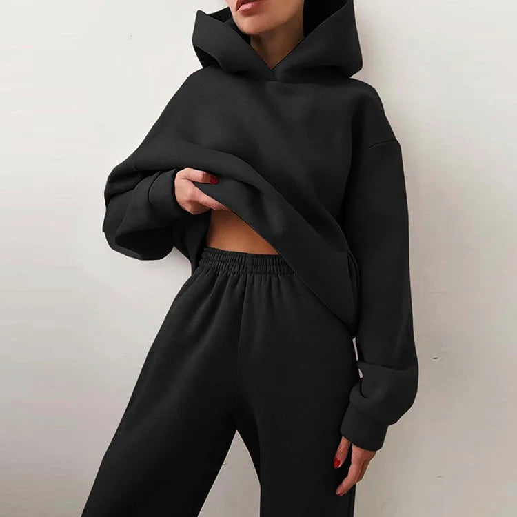 Fall Winter Large Size Casual Fleece Long Sleeve Hoodie Pants Two Piece Set Street Style Comfortable Polyester Blend Women's...