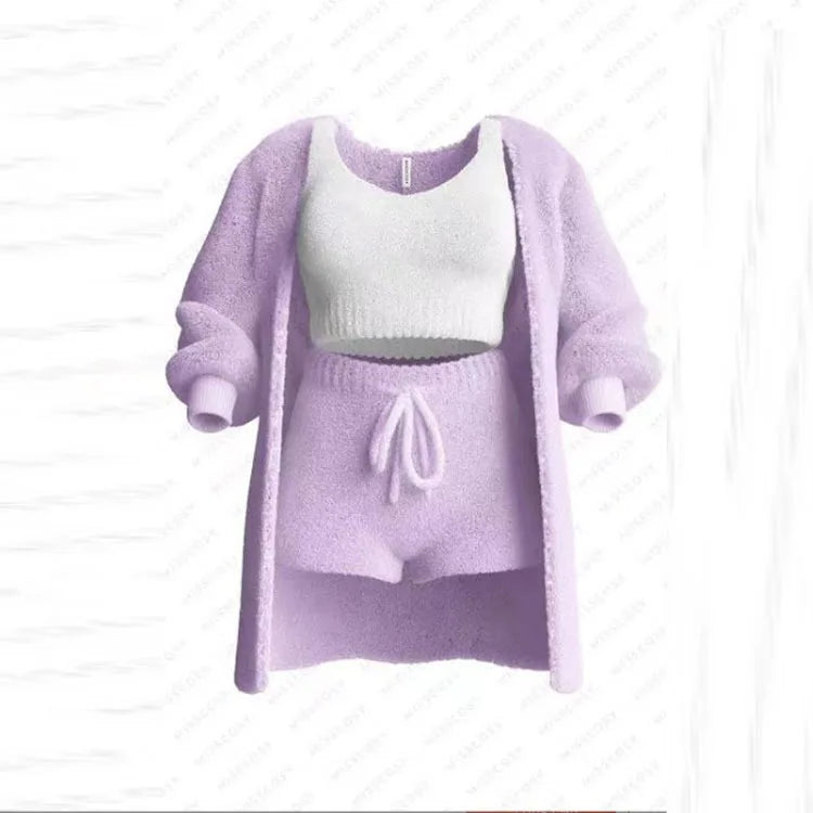 Four Pcs Sets Casual Cropped Tank Tops&High Elastic Drawstring Shorts&Long Sleeve Fleece Knitted Cardigan Coats&Full Trousers