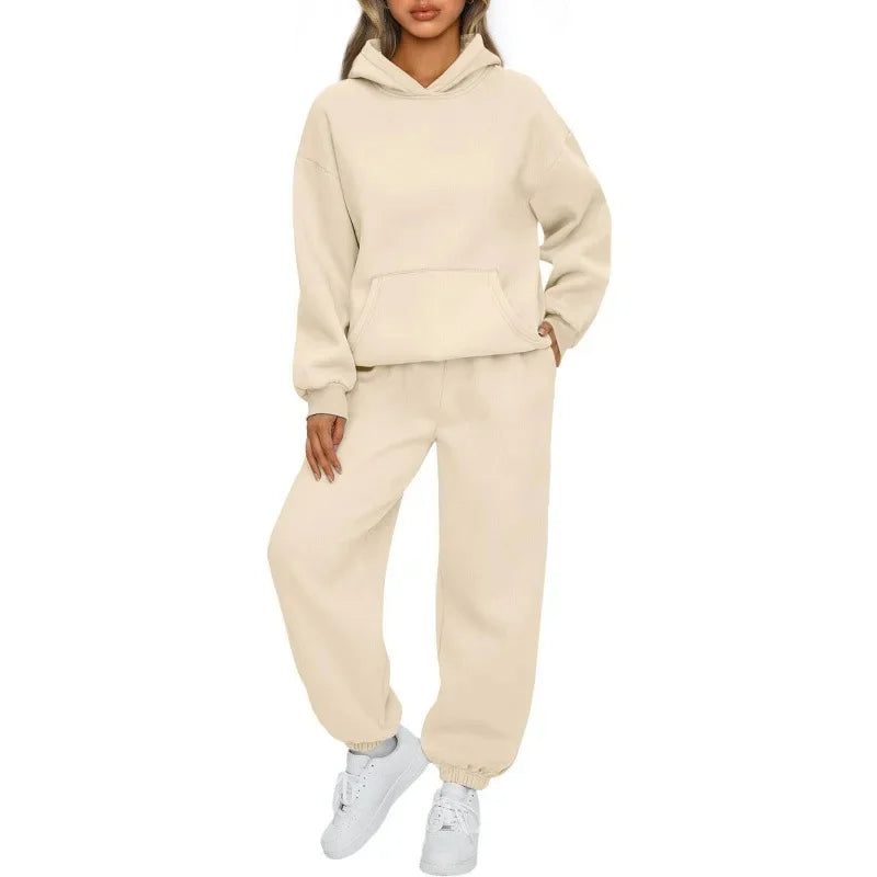 Women's Casual Hoodie And Loose Pants Two-Piece Set Sportswear Polyester Fiber Fashionable Autumn Winter Outfit Combo