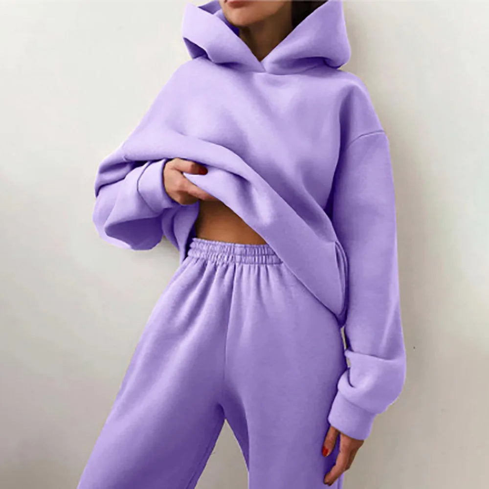Fall Winter Large Size Casual Fleece Long Sleeve Hoodie Pants Two Piece Set Street Style Comfortable Polyester Blend Women's...