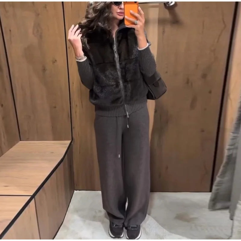 Fashion Faux Fur Two-Piece Outfit Women's Solid Full Sleeve Turtleneck Coats Loose Pants 2026 Spring New Lady Casual Streetwear