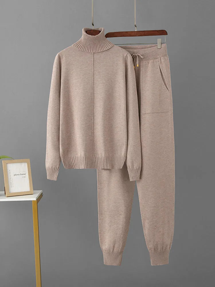 Candy Color Knitted 2 Piece Sets Women Turtleneck Knitwears Sweater Pullover Tops Conjuntos High Waist Casual Harem Pants Outfit