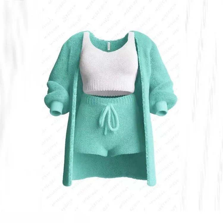 Four Pcs Sets Casual Cropped Tank Tops&High Elastic Drawstring Shorts&Long Sleeve Fleece Knitted Cardigan Coats&Full Trousers