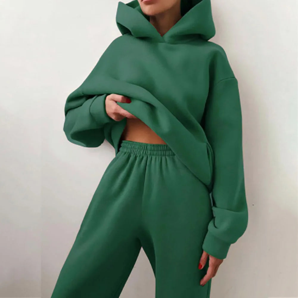 Fall Winter Large Size Casual Fleece Long Sleeve Hoodie Pants Two Piece Set Street Style Comfortable Polyester Blend Women's...