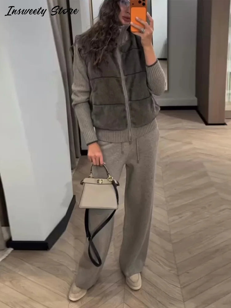 Fashion Faux Fur Two-Piece Outfit Women's Solid Full Sleeve Turtleneck Coats Loose Pants 2026 Spring New Lady Casual Streetwear