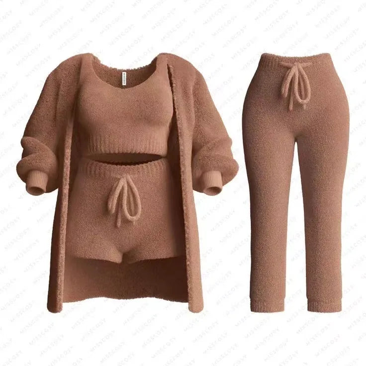 Four Pcs Sets Casual Cropped Tank Tops&High Elastic Drawstring Shorts&Long Sleeve Fleece Knitted Cardigan Coats&Full Trousers
