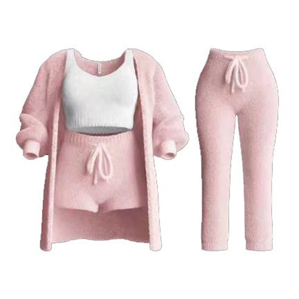 Four Pcs Sets Casual Cropped Tank Tops&High Elastic Drawstring Shorts&Long Sleeve Fleece Knitted Cardigan Coats&Full Trousers