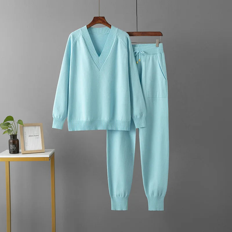 Korean Solid Knitted 2 Piece Sets Women V-neck Knitwears Sweater Pullover Tops Conjuntos Casual High Waist Harem Pants Outfit