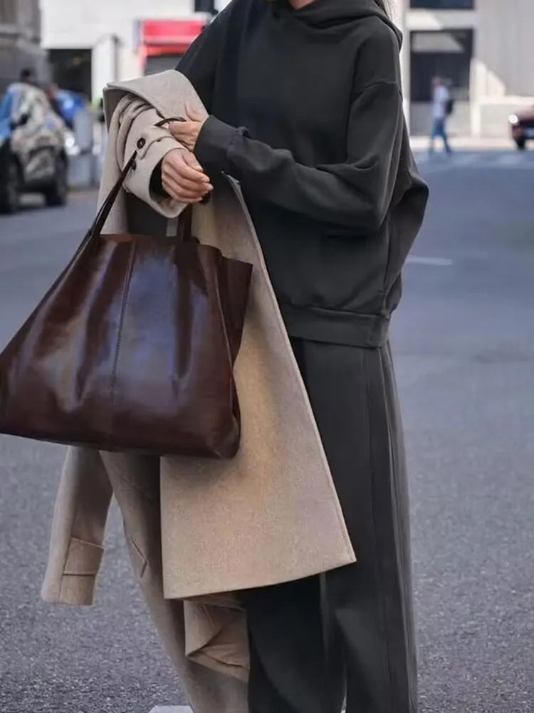 HH Women Solid Casual Sweatshirt Pant Suit Long Sleeve Hooded Fleece Pullover Coat Loose Straight Trousers Office Lady Sets