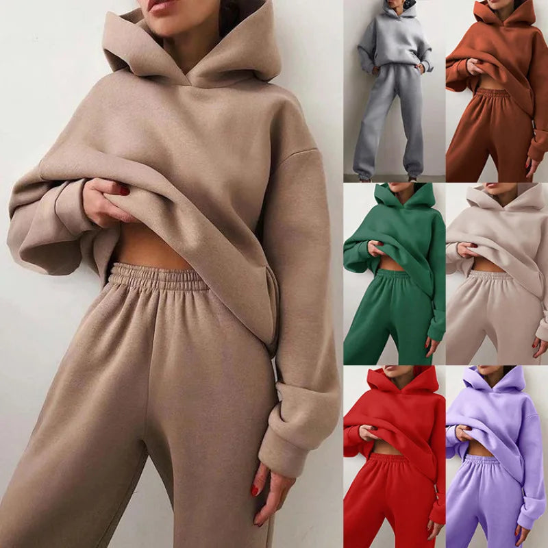 Fall Winter Large Size Casual Fleece Long Sleeve Hoodie Pants Two Piece Set Street Style Comfortable Polyester Blend Women's...
