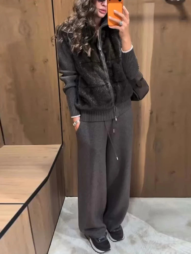 Fashion Faux Fur Two-Piece Outfit Women's Solid Full Sleeve Turtleneck Coats Loose Pants 2026 Spring New Lady Casual Streetwear