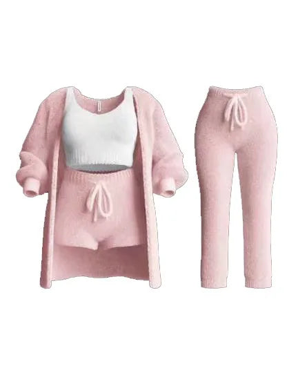 Four Pcs Sets Casual Cropped Tank Tops&High Elastic Drawstring Shorts&Long Sleeve Fleece Knitted Cardigan Coats&Full Trousers