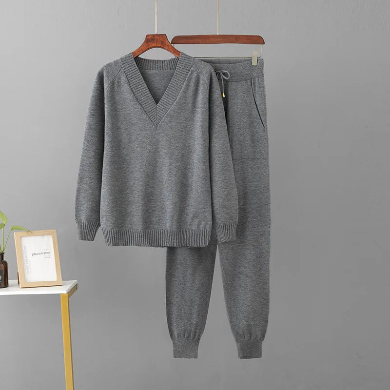 Korean Solid Knitted 2 Piece Sets Women V-neck Knitwears Sweater Pullover Tops Conjuntos Casual High Waist Harem Pants Outfit