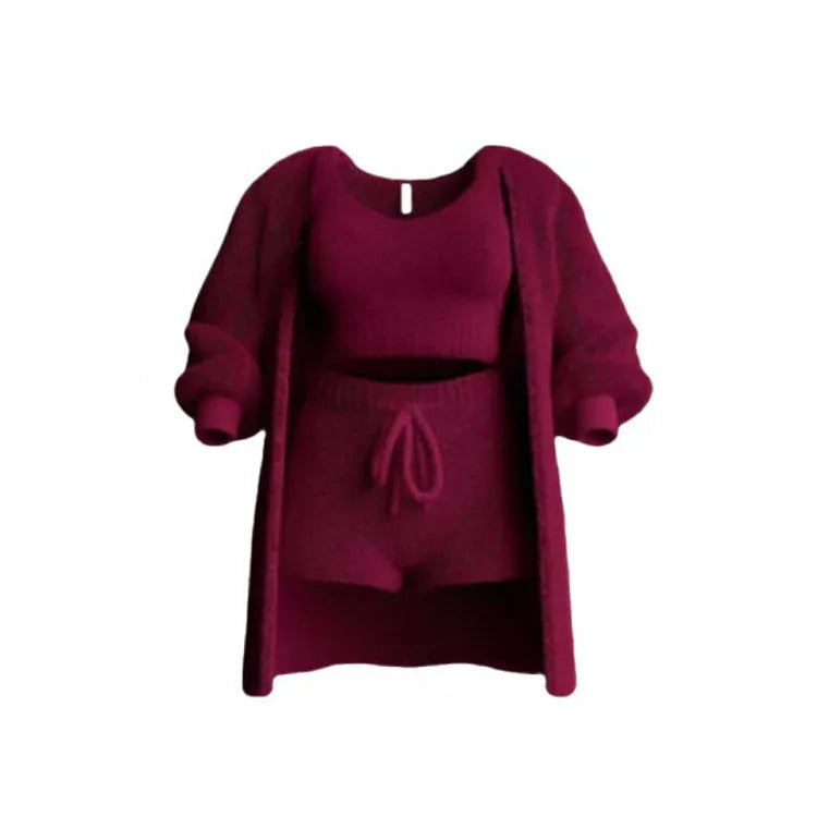 Four Pcs Sets Casual Cropped Tank Tops&High Elastic Drawstring Shorts&Long Sleeve Fleece Knitted Cardigan Coats&Full Trousers