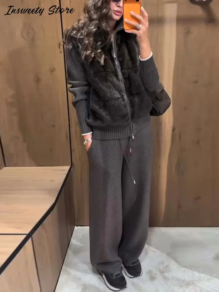 Fashion Faux Fur Two-Piece Outfit Women's Solid Full Sleeve Turtleneck Coats Loose Pants 2026 Spring New Lady Casual Streetwear