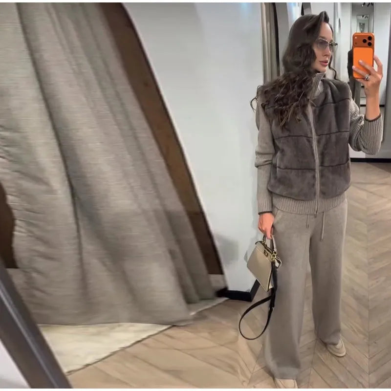 Fashion Faux Fur Two-Piece Outfit Women's Solid Full Sleeve Turtleneck Coats Loose Pants 2026 Spring New Lady Casual Streetwear