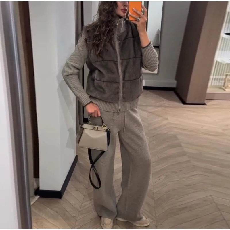 Fashion Faux Fur Two-Piece Outfit Women's Solid Full Sleeve Turtleneck Coats Loose Pants 2026 Spring New Lady Casual Streetwear