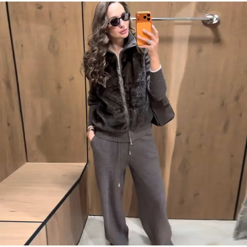 Fashion Faux Fur Two-Piece Outfit Women's Solid Full Sleeve Turtleneck Coats Loose Pants 2026 Spring New Lady Casual Streetwear