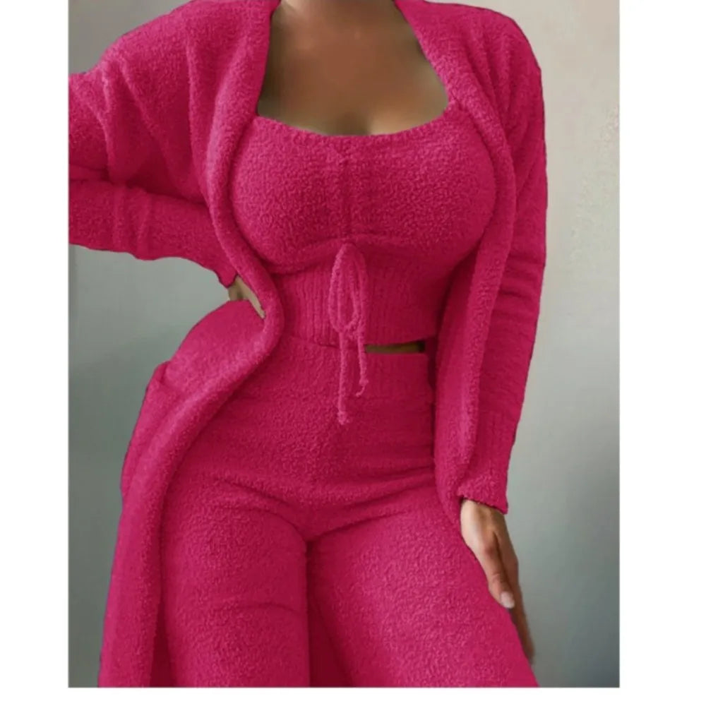 Fashion Plush Lace Up Cardigan 3 Piece Women's Trouser Set Autumn And Winter New Solid Color Asual Warm Home Wear Female Set2025