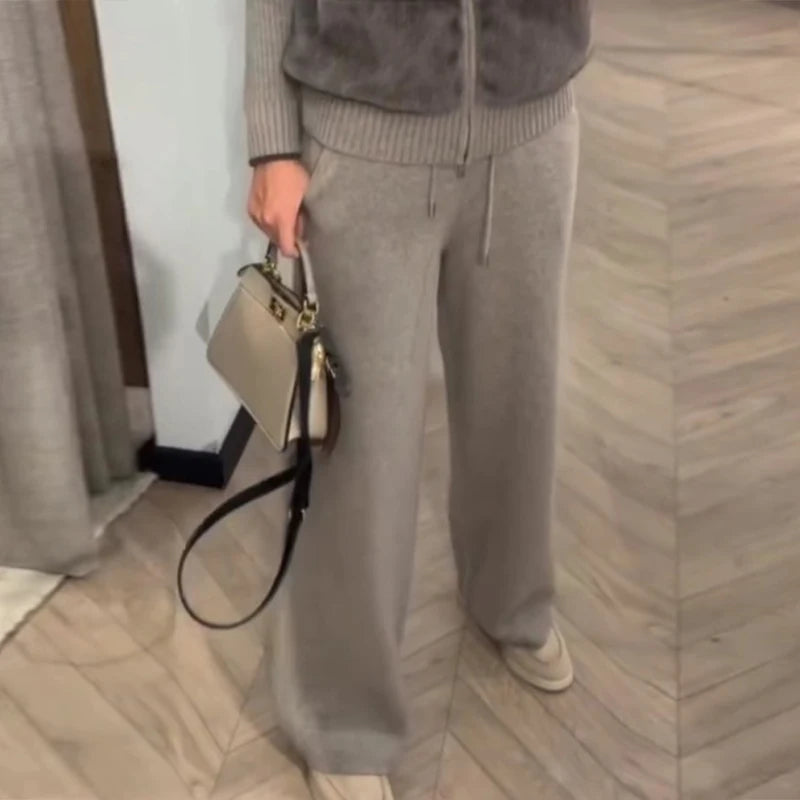 Fashion Faux Fur Two-Piece Outfit Women's Solid Full Sleeve Turtleneck Coats Loose Pants 2026 Spring New Lady Casual Streetwear