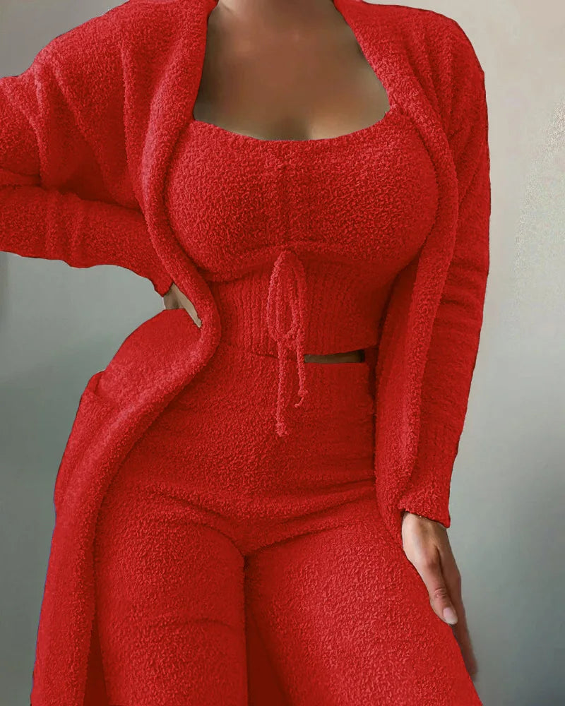 Fashion Plush Lace Up Cardigan 3 Piece Women's Trouser Set Autumn And Winter New Solid Color Asual Warm Home Wear Female Set2025
