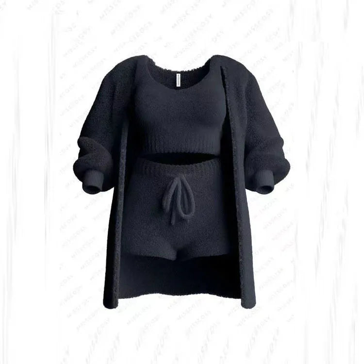 Four Pcs Sets Casual Cropped Tank Tops&High Elastic Drawstring Shorts&Long Sleeve Fleece Knitted Cardigan Coats&Full Trousers