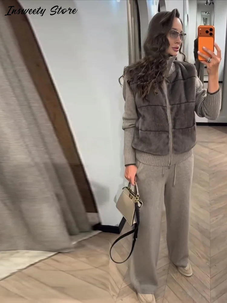 Fashion Faux Fur Two-Piece Outfit Women's Solid Full Sleeve Turtleneck Coats Loose Pants 2026 Spring New Lady Casual Streetwear